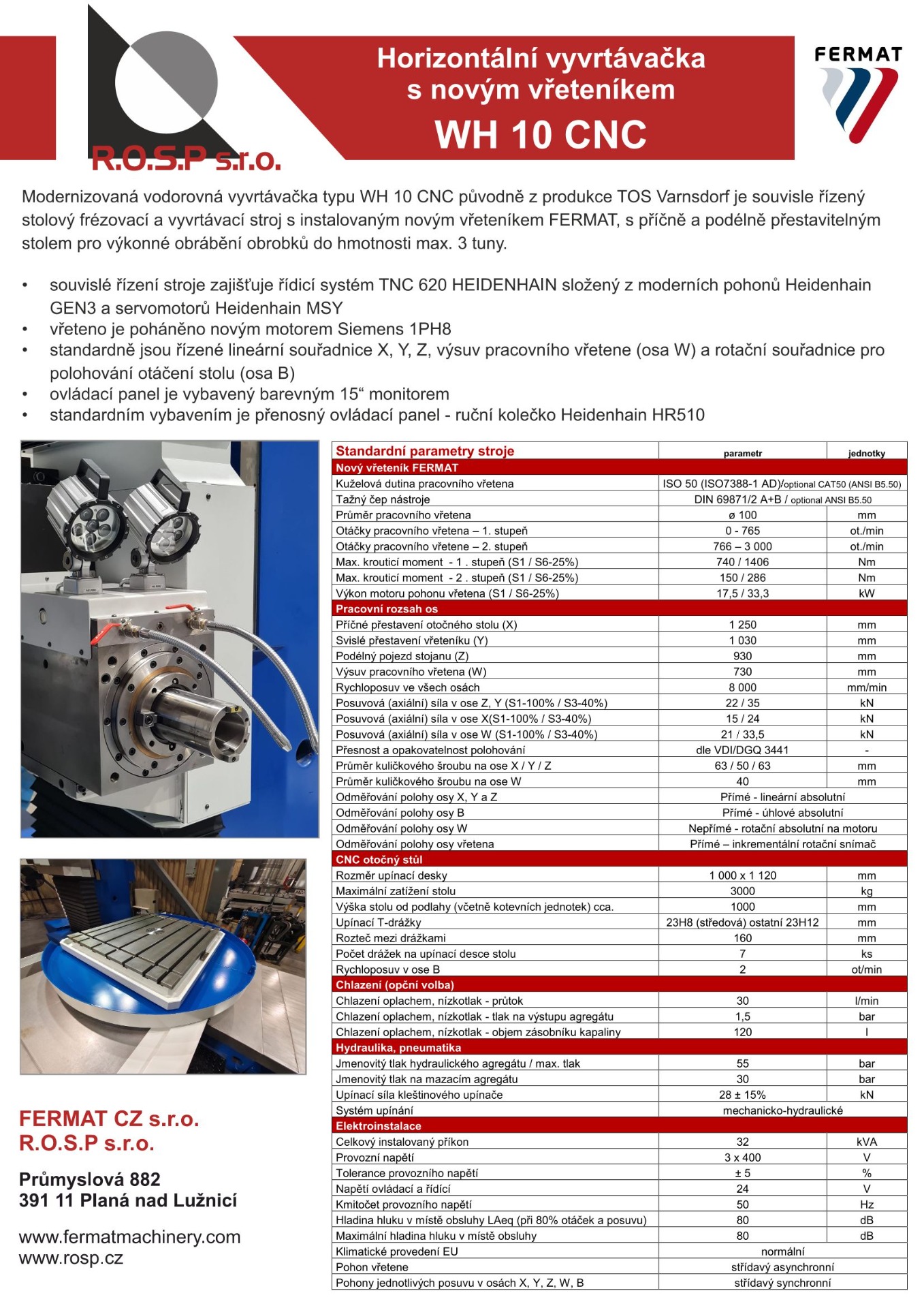 Propagační leták horizontální vyvrtávačky WH 10 CNC s popisem parametrů a fotografiemi stroje.